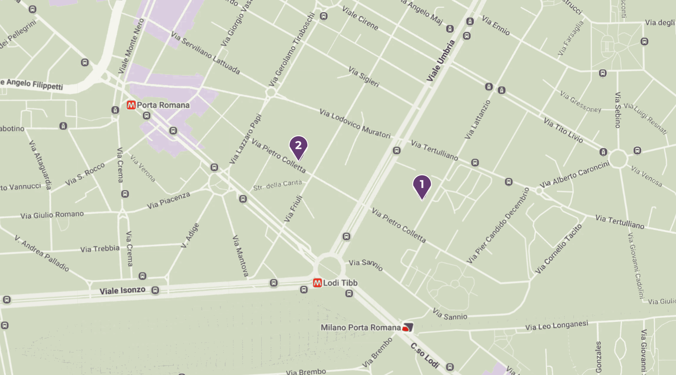 Mappa degli studi di Chiara Iodice a Milano, zona Porta Romana-Lodi: segnaposto 1 in via Lattanzio 9 e segnaposto 2 in via Pietro Colletta 29, con le fermate metro Porta Romana e Lodi Tibb